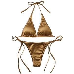 Wholesale Triangle Bikini Sexy Satin Bikini Textured Swimsuits Two Piece Bottom With String Bikinis