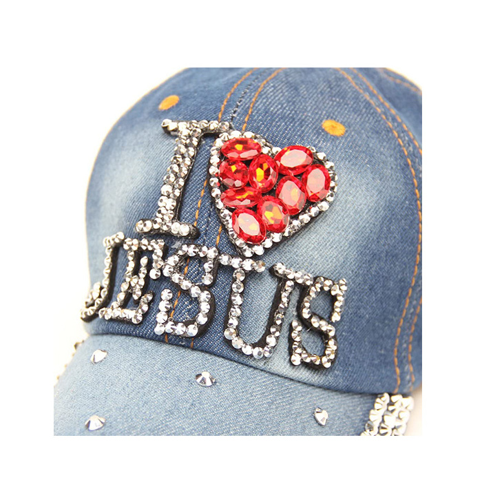 Custom Baseball Caps I Love Jesus Private Design Logo Denim Hot Ful Rhinestone Baseball Cap Hat Manufacturers In Bulk