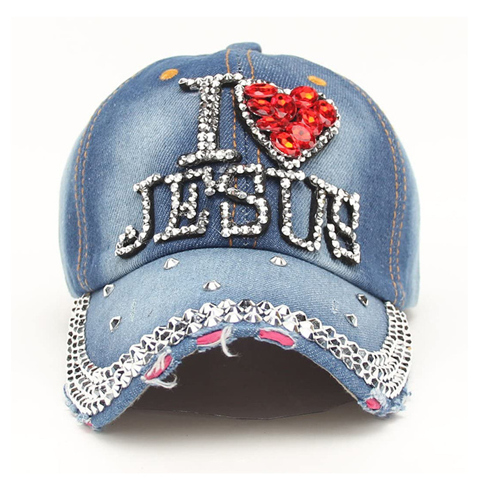 Custom Baseball Caps I Love Jesus Private Design Logo Denim Hot Ful Rhinestone Baseball Cap Hat Manufacturers In Bulk