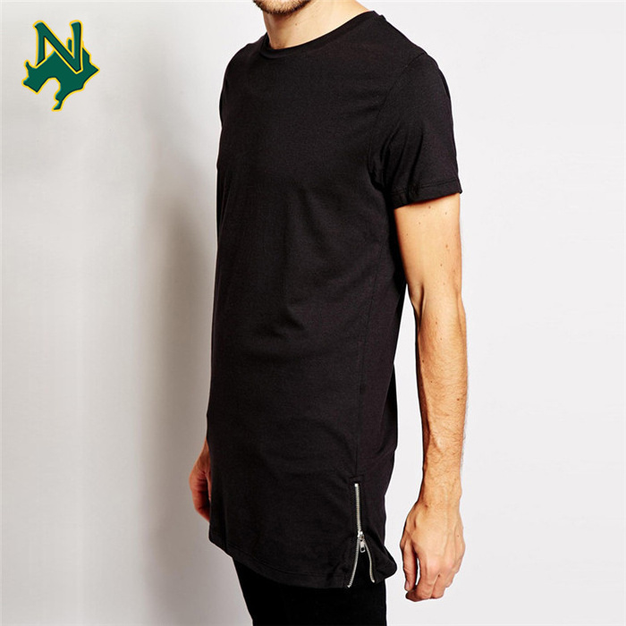 Custom Streetwear Tall Tee Men's T-shirts Black Plain Side Zipper T Shirt Drop Tail Zip Up Tee Long Line Sport Shirts Wholesale