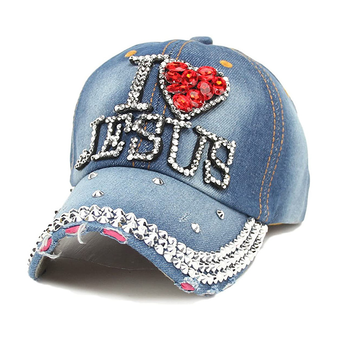 Custom Baseball Caps I Love Jesus Private Design Logo Denim Hot Ful Rhinestone Baseball Cap Hat Manufacturers In Bulk