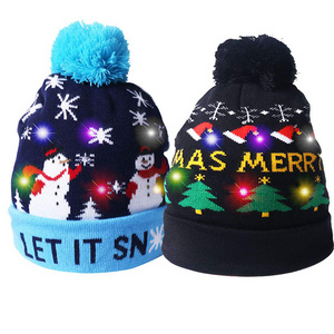 Wholesale LED Light Up Hat Pom Beanie Knit Cap with 6 Colorful Lights Christmas LED Xmas Hat Beanie