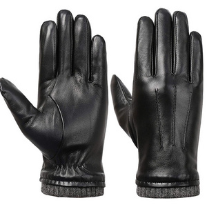 Wholesale Men's Winter Luxury Sheepskin Gloves Leather Dress Driving Gloves with Fleece Lining Black