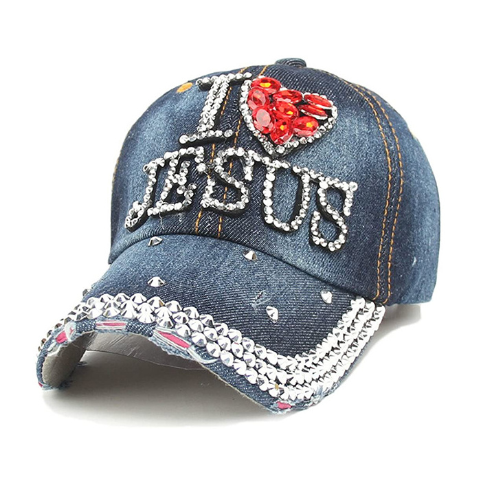 Custom Baseball Caps I Love Jesus Private Design Logo Denim Hot Ful Rhinestone Baseball Cap Hat Manufacturers In Bulk