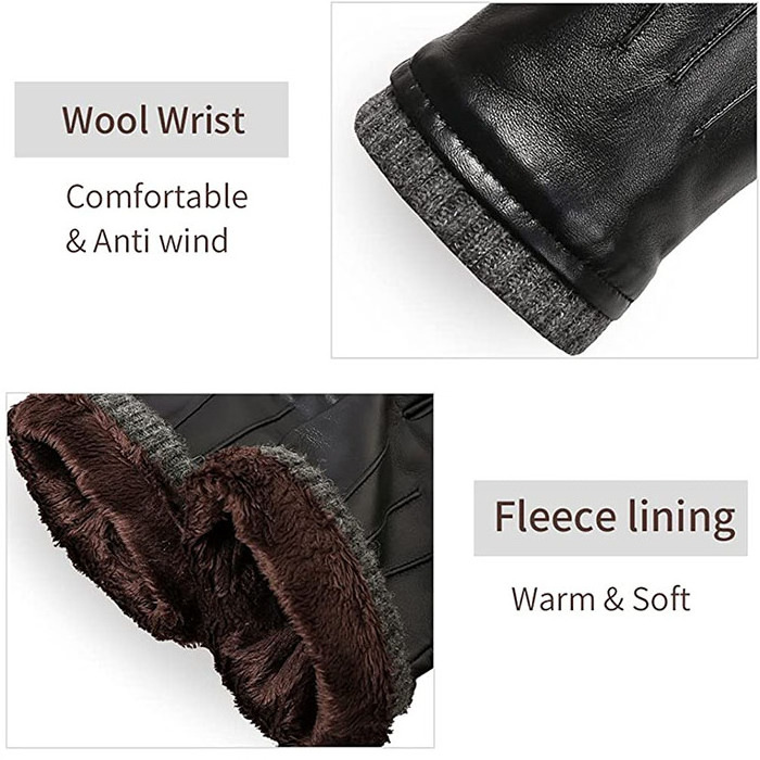 Wholesale Men's Winter Luxury Sheepskin Gloves Leather Dress Driving Gloves with Fleece Lining Black