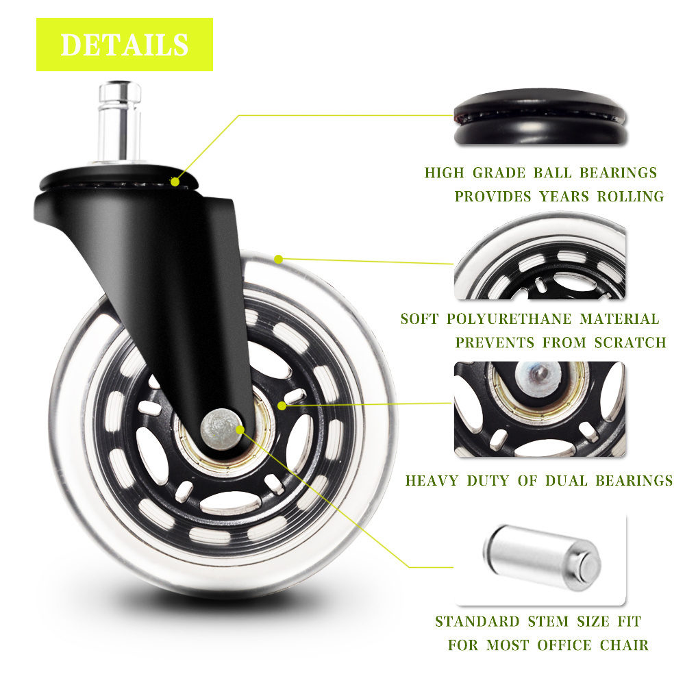 3-Inch 11X22M Rubber Replacement Castors Wheels Safe for Hardwood Floors, Carpet, and Tile, Office Chair Caster Wheels