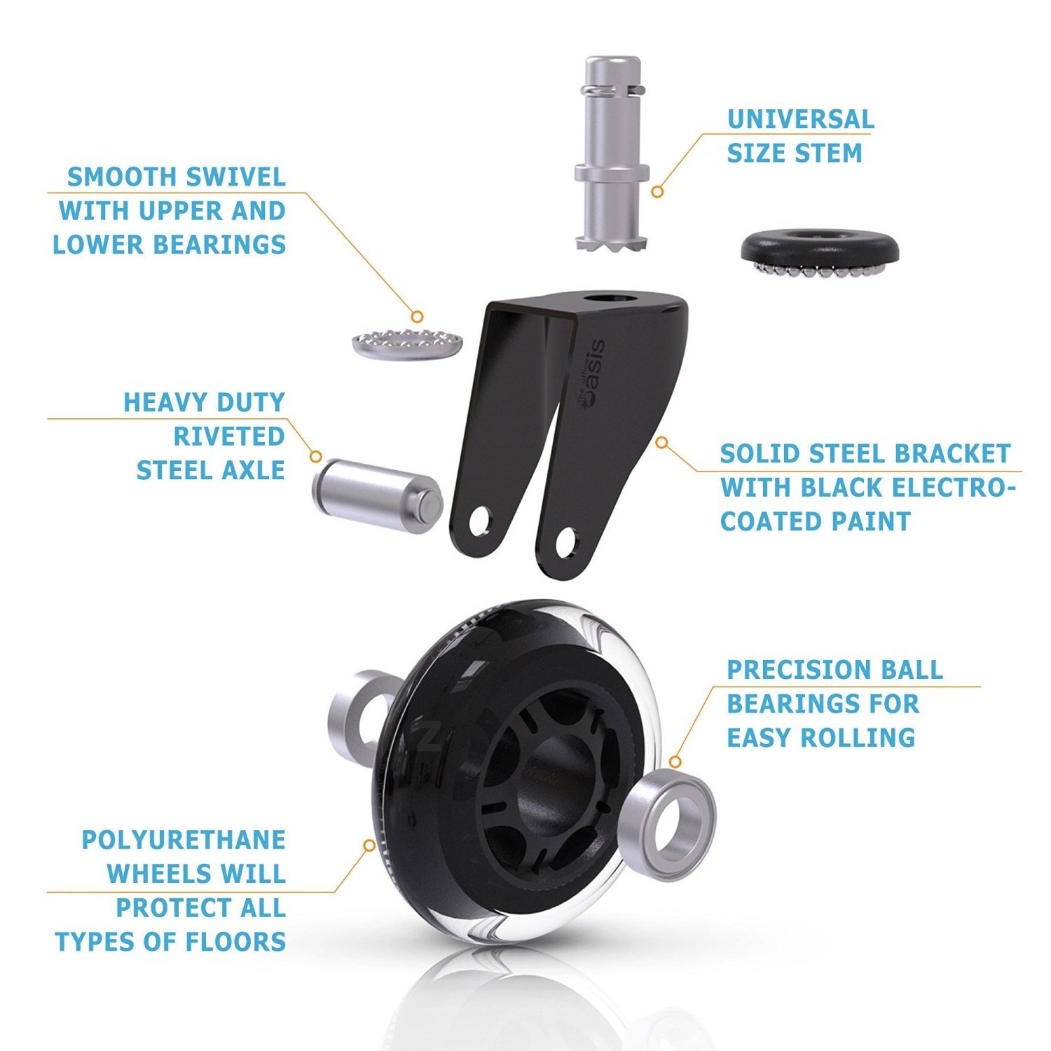 2.5 inch Roller blade Style Office Chair Rubber Replacement Castors Wheels with Brake, Office Chair Caster Wheels, 11 x 22mm