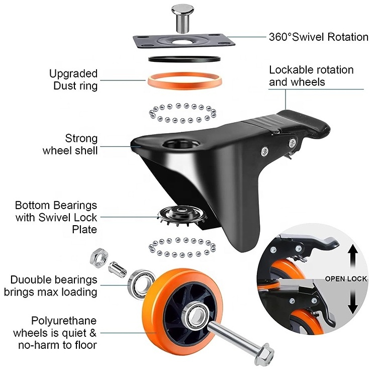 100mm 4 Inch Industrial Rubber Cart Wheels for Workbench Central Locking Castor Wheel Heavy Duty caster wheels