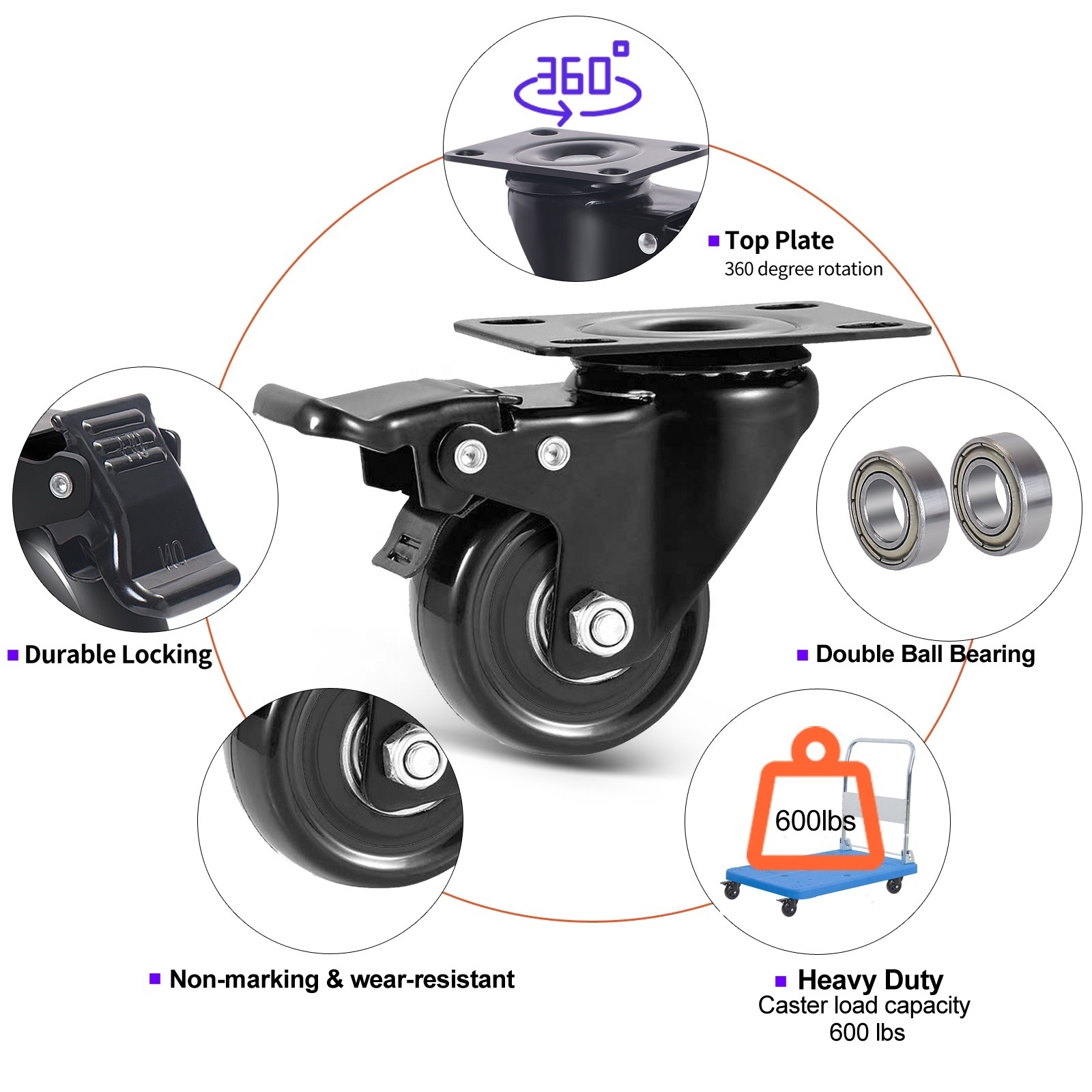 Factory Rueda Giratoria 50mm 2 Inch Black Swivel Lock Pu Rubber cabinet Furniture Caster Wheels