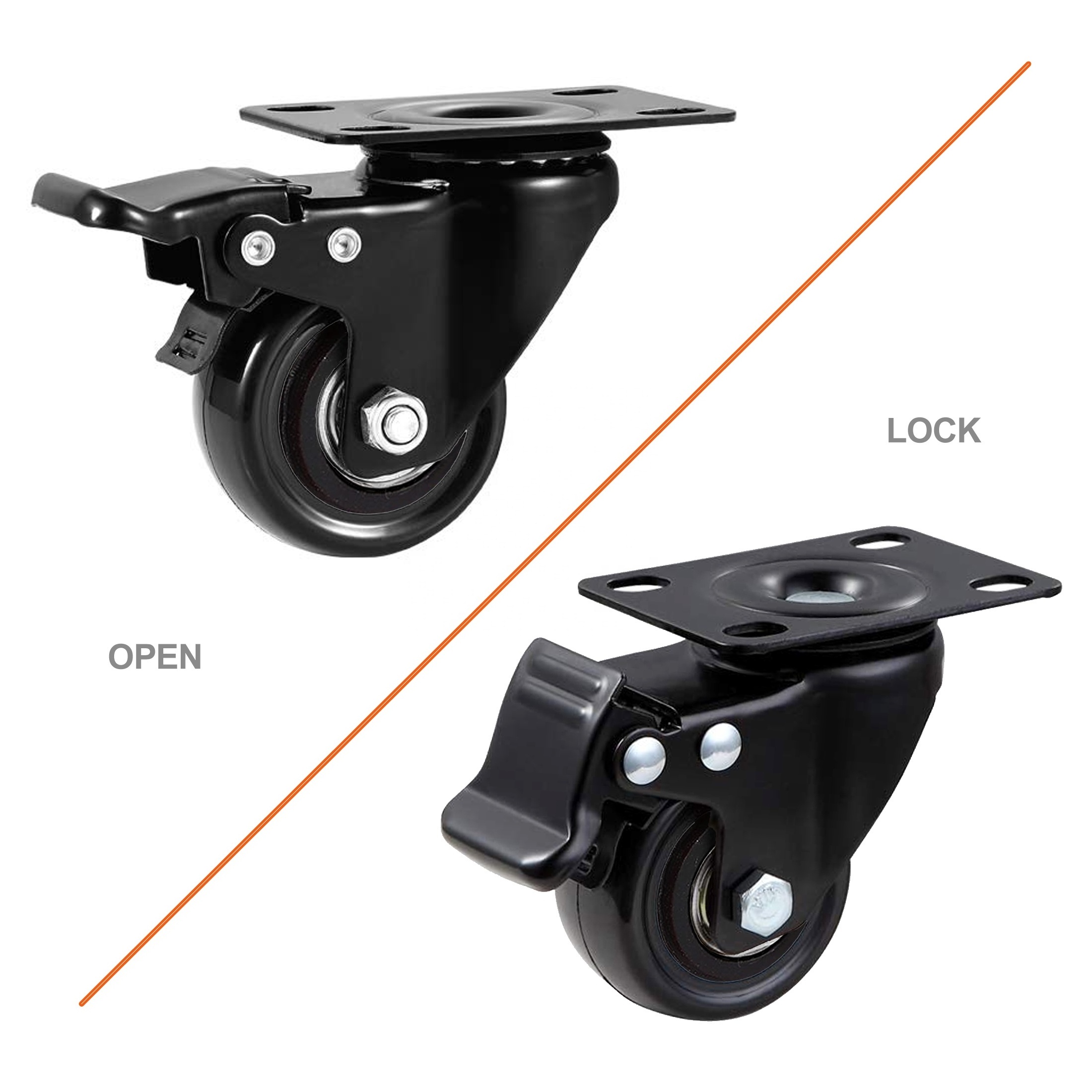 Factory Rueda Giratoria 50mm 2 Inch Black Swivel Lock Pu Rubber cabinet Furniture Caster Wheels