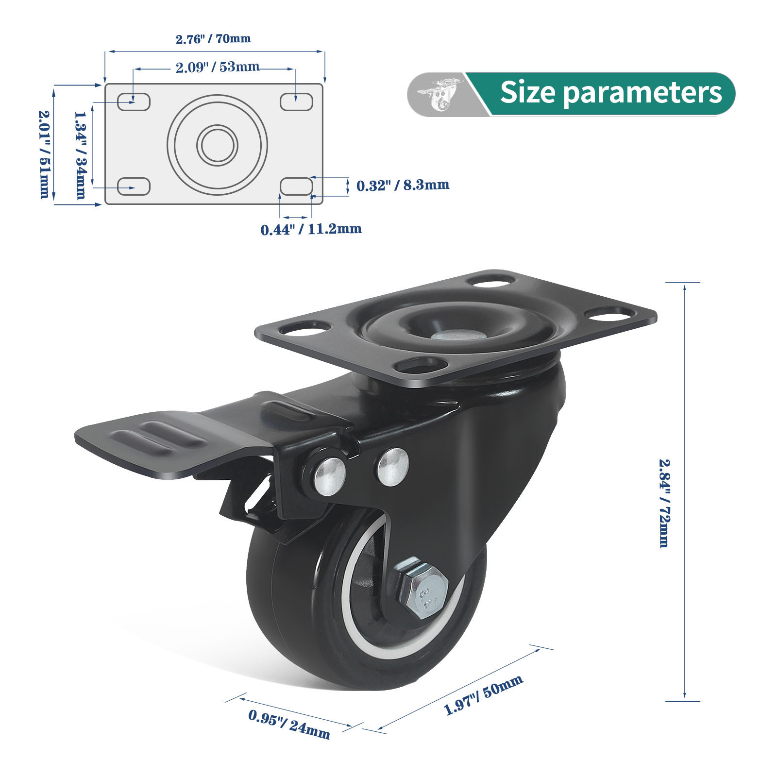 Rueda Giratoria Urethane Wheel 2 Inch Brake Locking Noise Trolley Small Workbench Rubber Caster Wheels