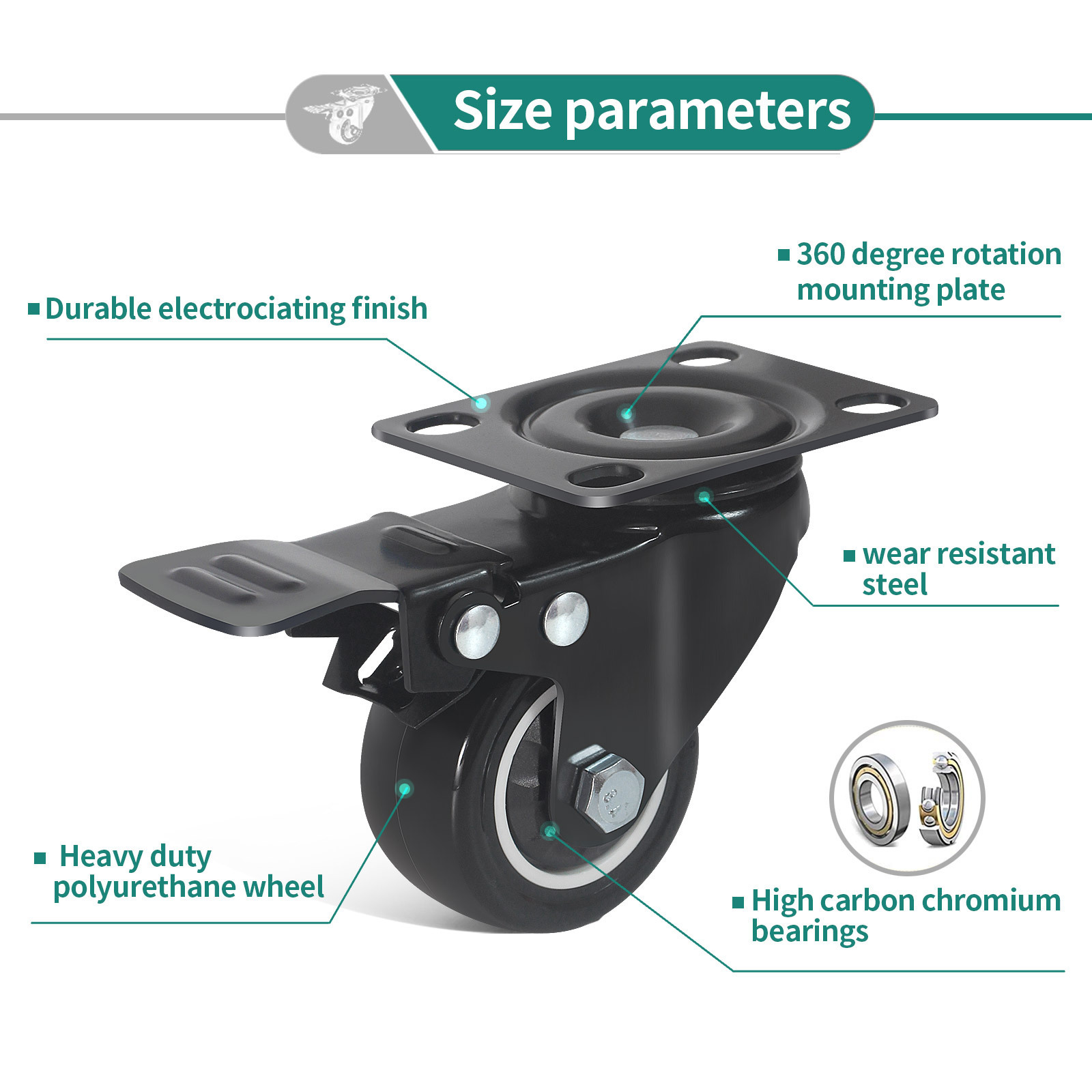 Rueda Giratoria Urethane Wheel 2 Inch Brake Locking Noise Trolley Small Workbench Rubber Caster Wheels