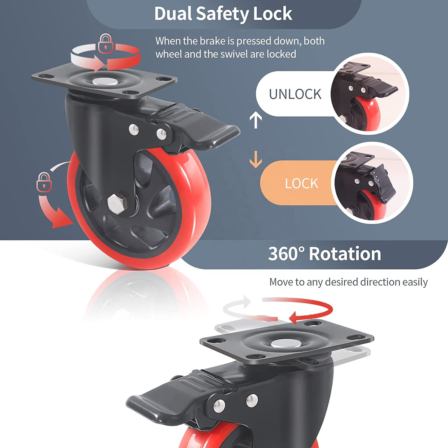 Amazon hot sale rueda de 5inch swivel PVC Red coster wheels 100mm 125mm heavy duty inford caster caster wheels 4 inch