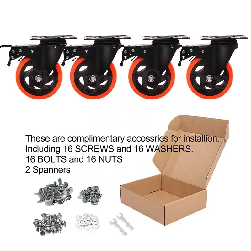 Load 2400lbs No Noise Wheels With Polyurethane Heavy Duty With Brake Castor Set Of 4 Inch Caster Wheels