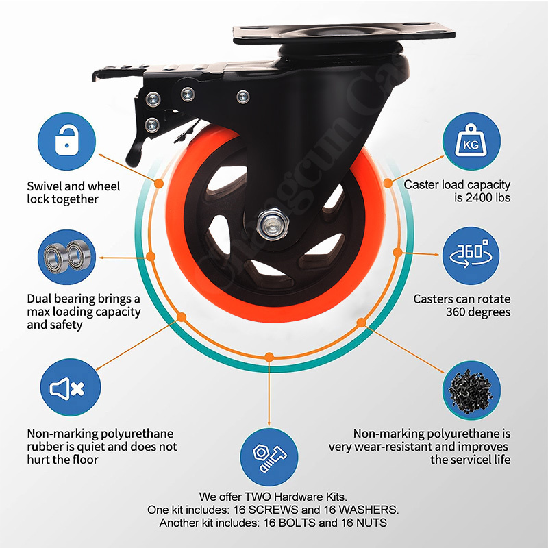 Load 2400lbs No Noise Wheels With Polyurethane Heavy Duty With Brake Castor Set Of 4 Inch Caster Wheels