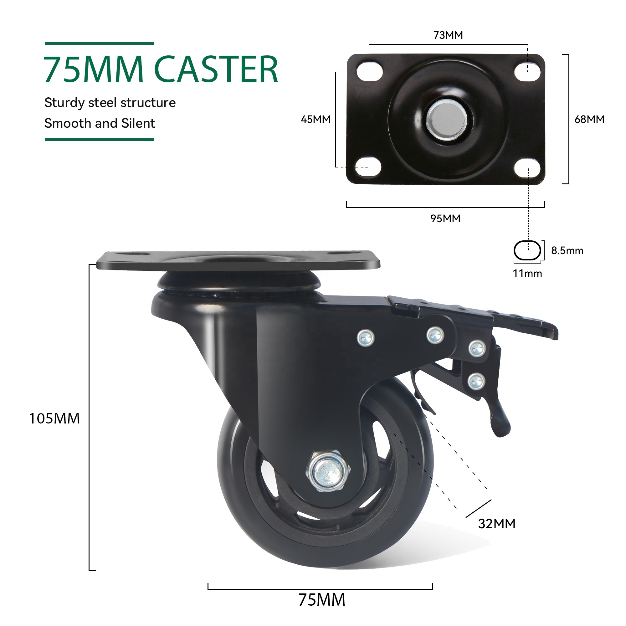 factory 75mm 3 inch top plate double ball bearing industrial casters equipment platform heavy duty trolley cart PU caster wheels