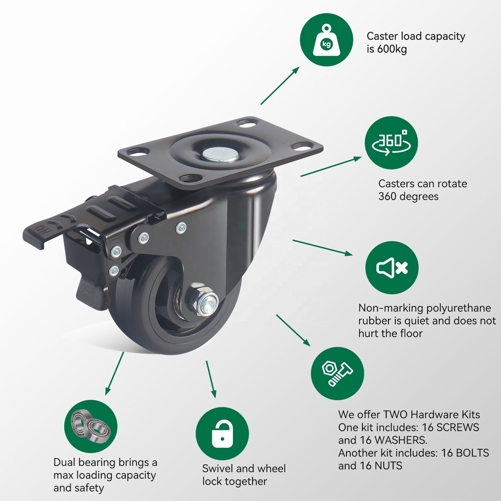 factory 75mm 3 inch top plate double ball bearing industrial casters equipment platform heavy duty trolley cart PU caster wheels