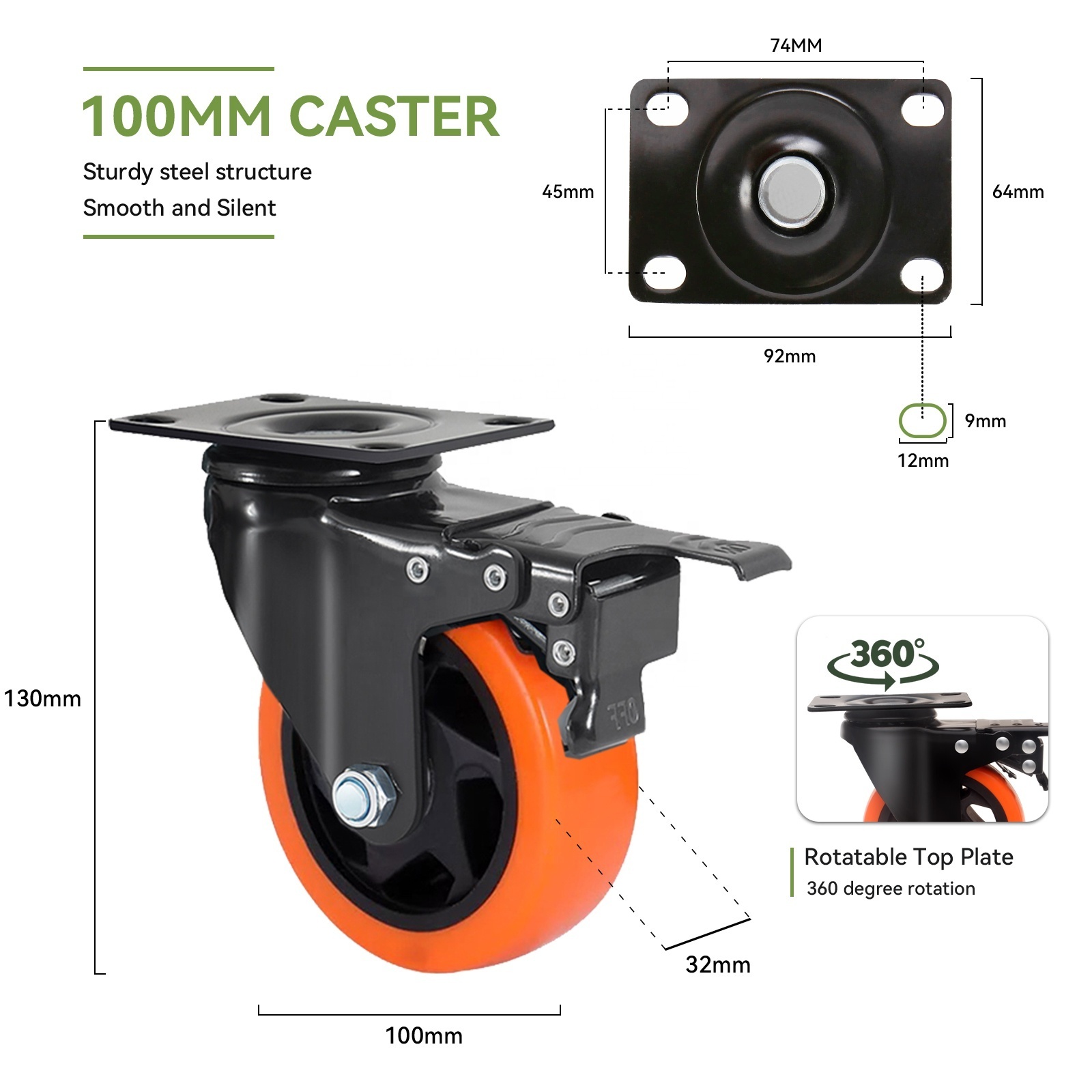 3/4/5/6 inch Industrial Medium Duty 100mm Castor PVC Orange Swivel Heavy duty Caster rotating wheels