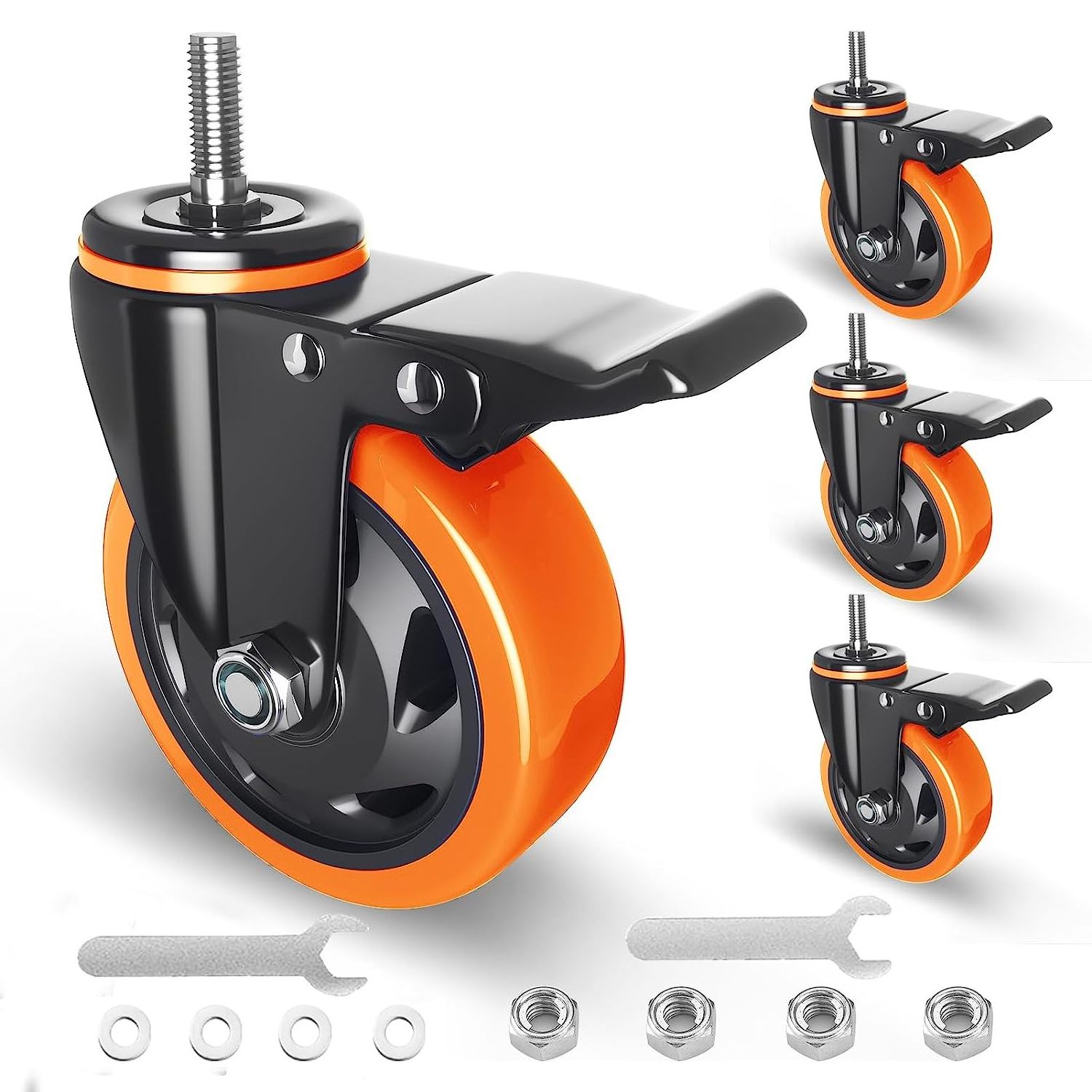 3/4/5 inch orange PU swivel industrial caster wheel with brake for trolley cart Screw casters