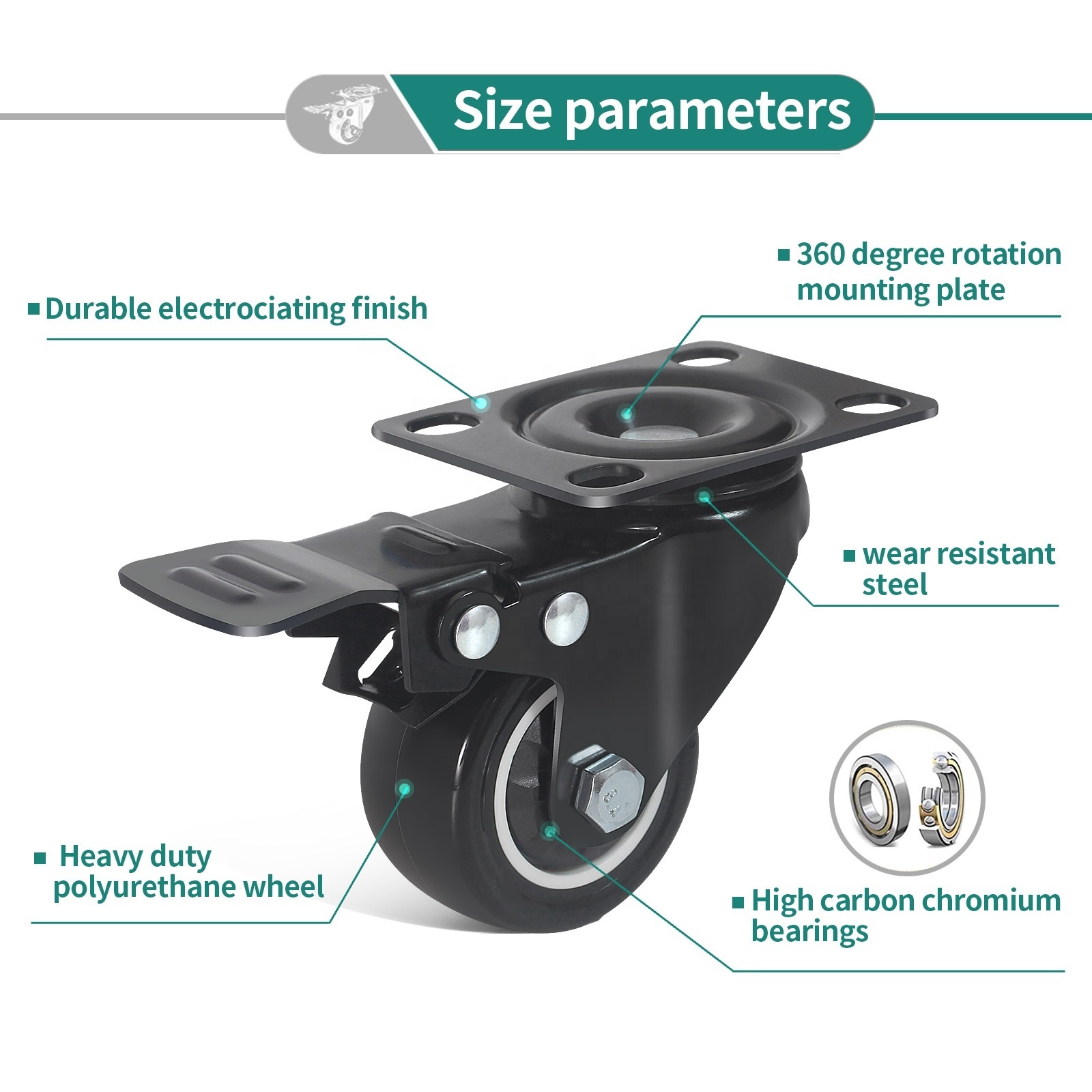 40mm 50mm Swivel Rubber Heavy Duty Caster Wheels Polyurethane Furniture Caster Wheel 2 Inch