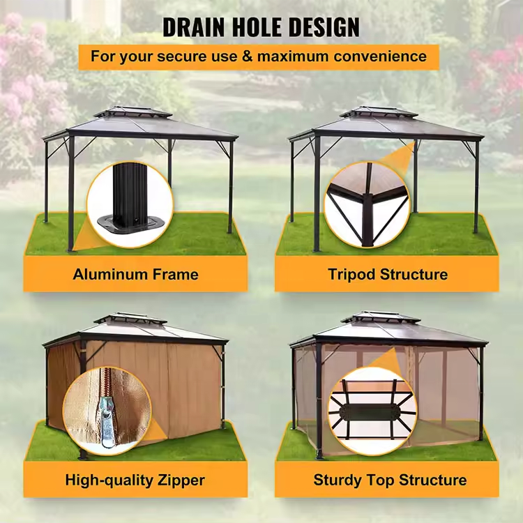 Waterproof Canopy Hard Top Polycarbonate Double Pvc Roof Metal Gazebo