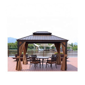 Steel Roof Hard Top Canopy Curtains Aluminum Frame Gazebo With Netting And Curtains