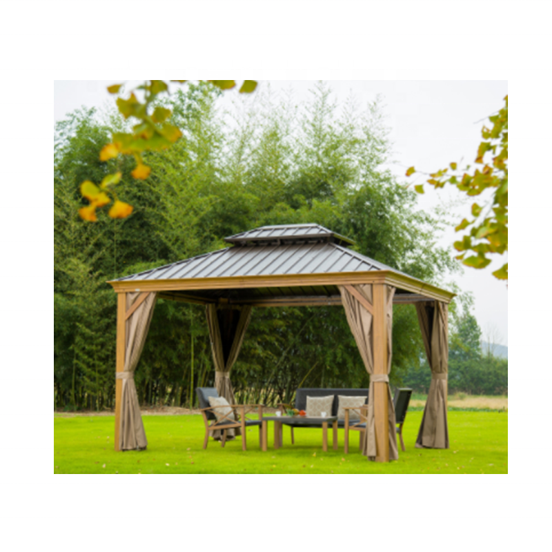 Outdoor Patio Garden Metal Hardtop Roof Gazebo With Privacy Curtains And Mosquito Netting