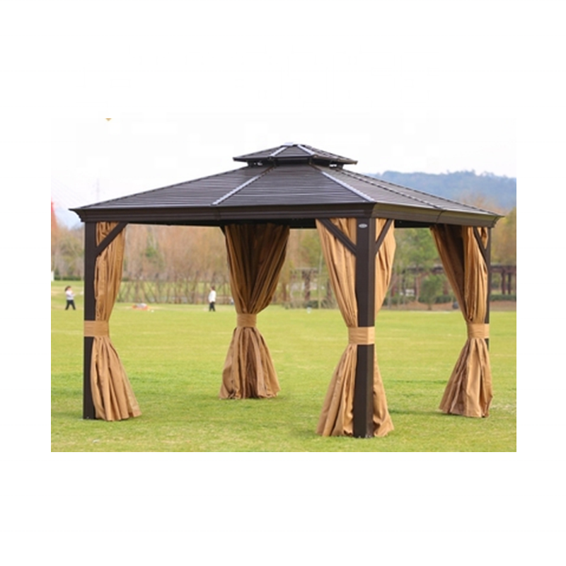 Outdoor Patio Garden Metal Hardtop Roof Gazebo With Privacy Curtains And Mosquito Netting