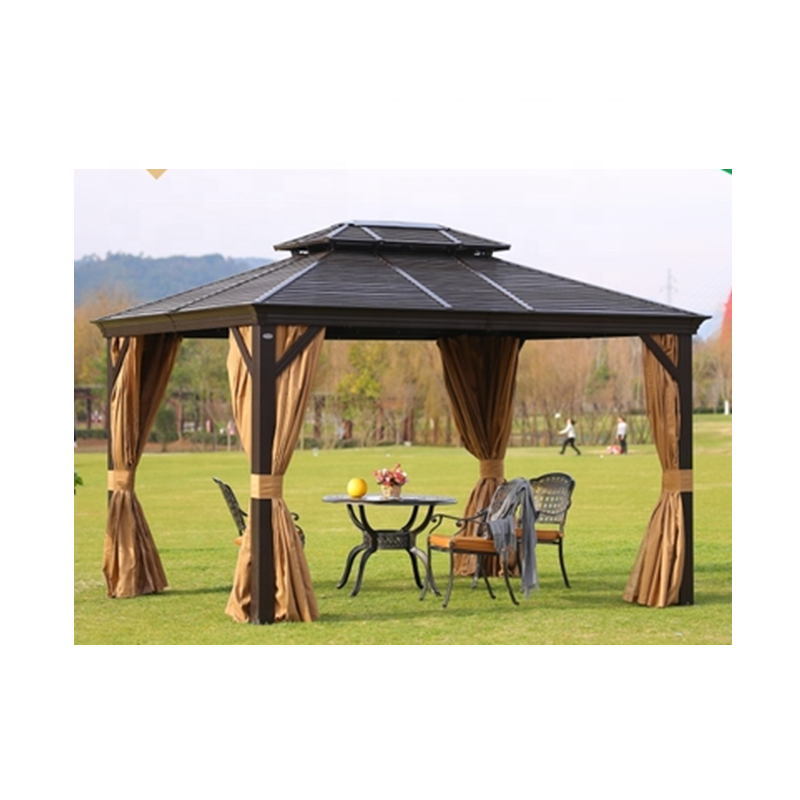 Outdoor Patio Garden Metal Hardtop Roof Gazebo With Privacy Curtains And Mosquito Netting