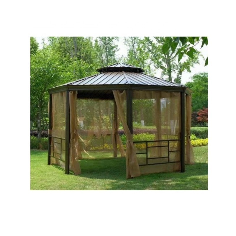 Outdoor Patio Garden Metal Hardtop Roof Gazebo With Privacy Curtains And Mosquito Netting