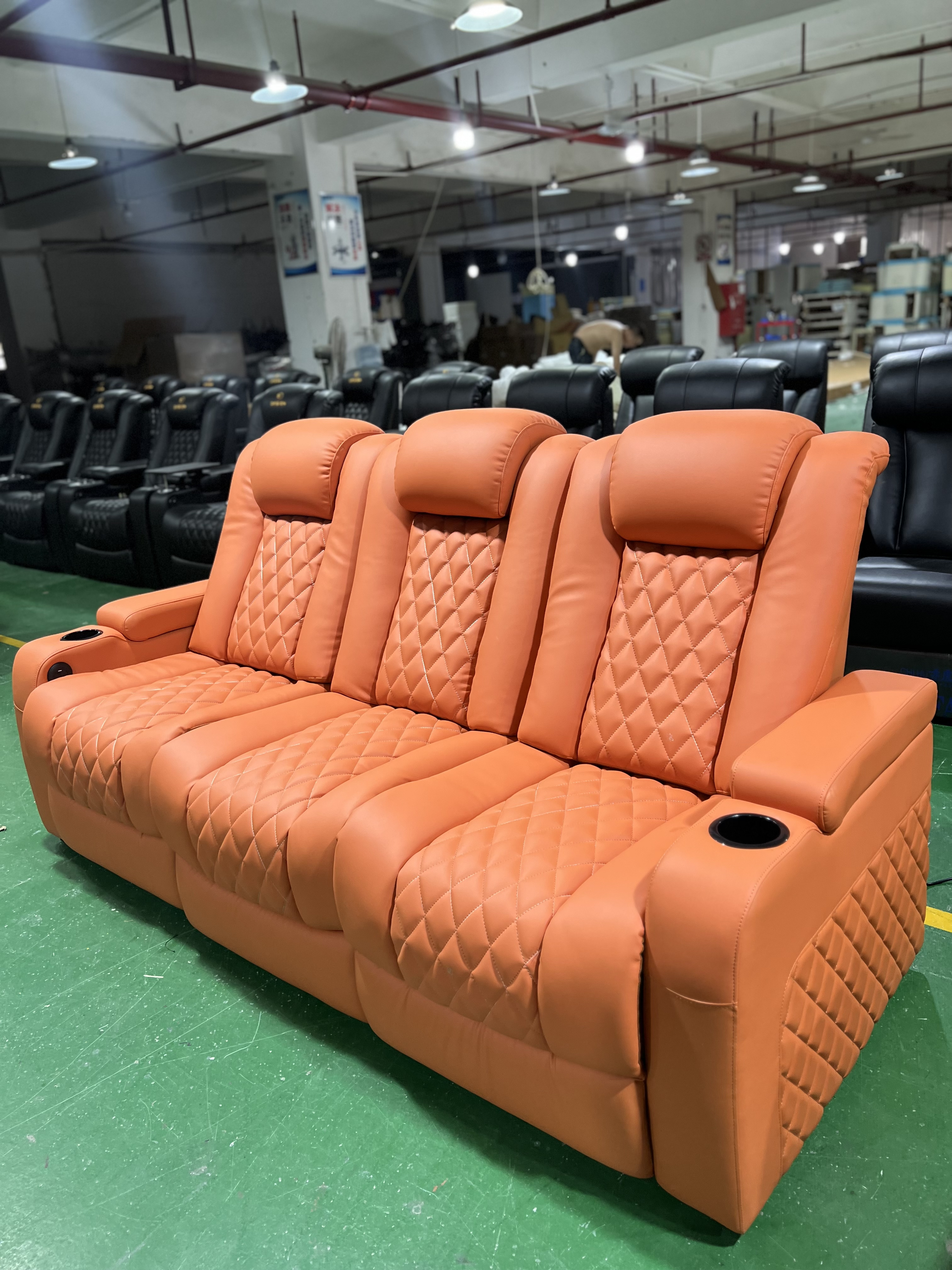 Orange leather one set 3seater home theater furniture middle turn down table cinema sofas electric recliner chair for lashes