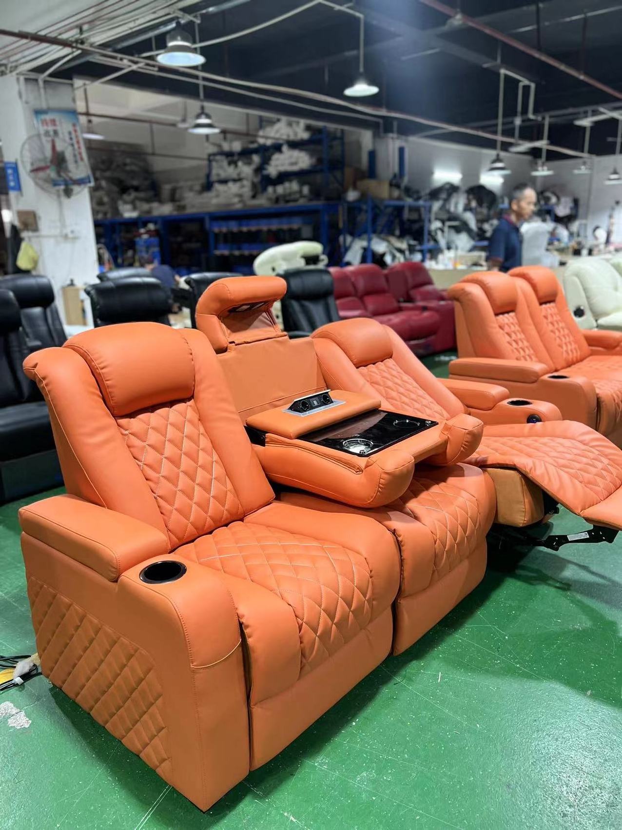 Orange leather one set 3seater home theater furniture middle turn down table cinema sofas electric recliner chair for lashes