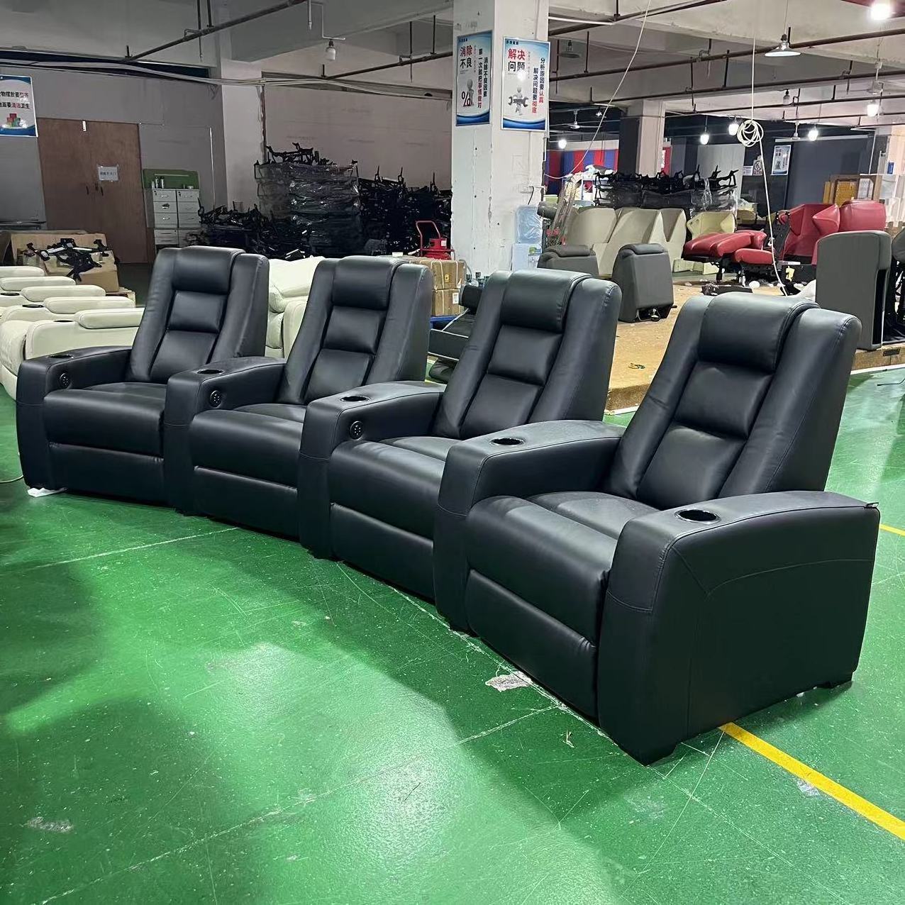 Curve design fully black color home cinema sofa interior furniture functional sofa media room theater reclining sofa set