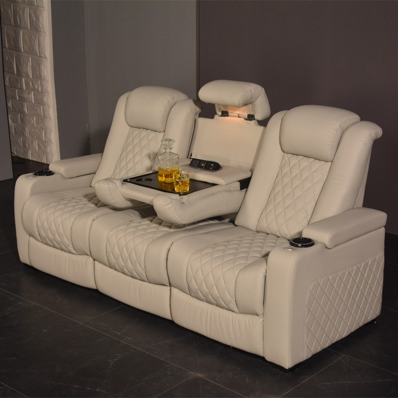 White color 3seater electric cinema sofa home theater furniture cinema interior home theater laydown table recliner sofa chair