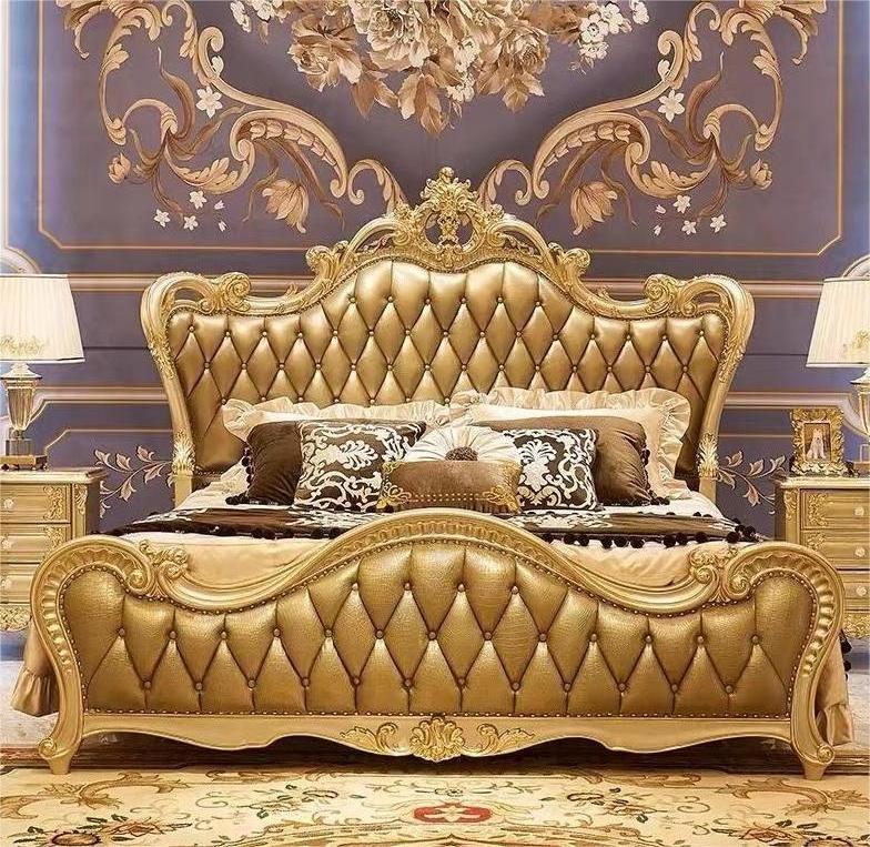 Cheap Price Luxury Quality Factory's Hand-Carved Gold Leather King Throne Bed Wood Bedroom Furniture Hotel Bed