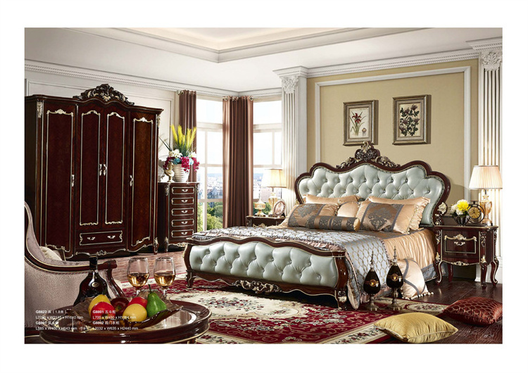 Hotel Furniture Neoclassical All Solid Wood Leather Kids Bed European Carved French Master Bedroom Set Luxury Genuine Kids Bed