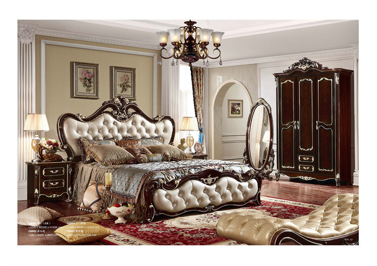 European Style Luxury Royal Bed Frame King Size Bed Wholesale Royal Turkish Furniture Genuine Leather Wooden Beds