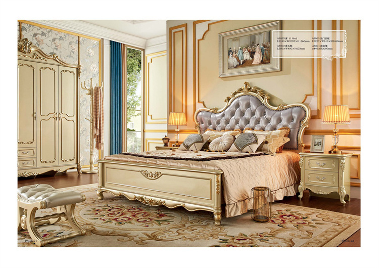 Nightstants and Dresser Golden Design Bedroom Furniture Set Unique Royal Style King Size Bed Kids' Wooden Italy Home Furniture