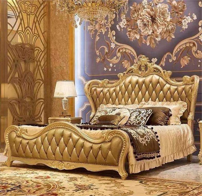 Cheap Price Luxury Quality Factory's Hand-Carved Gold Leather King Throne Bed Wood Bedroom Furniture Hotel Bed