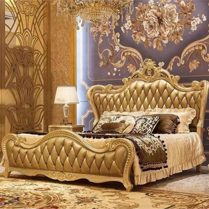 Cheap Price Luxury Quality Factory's Hand-Carved Gold Leather King Throne Bed Wood Bedroom Furniture Hotel Bed