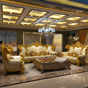 Modern Luxury Custom Gold Royal Wedding Home Living Room European Style Genuine Leather Wooden Sectional Combination Sofa