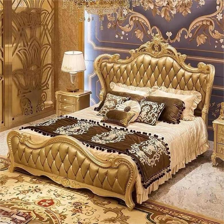 Cheap Price Luxury Quality Factory's Hand-Carved Gold Leather King Throne Bed Wood Bedroom Furniture Hotel Bed