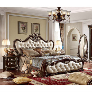 Hotel Furniture Neoclassical All Solid Wood Leather Kids Bed European Carved French Master Bedroom Set Luxury Genuine Kids Bed