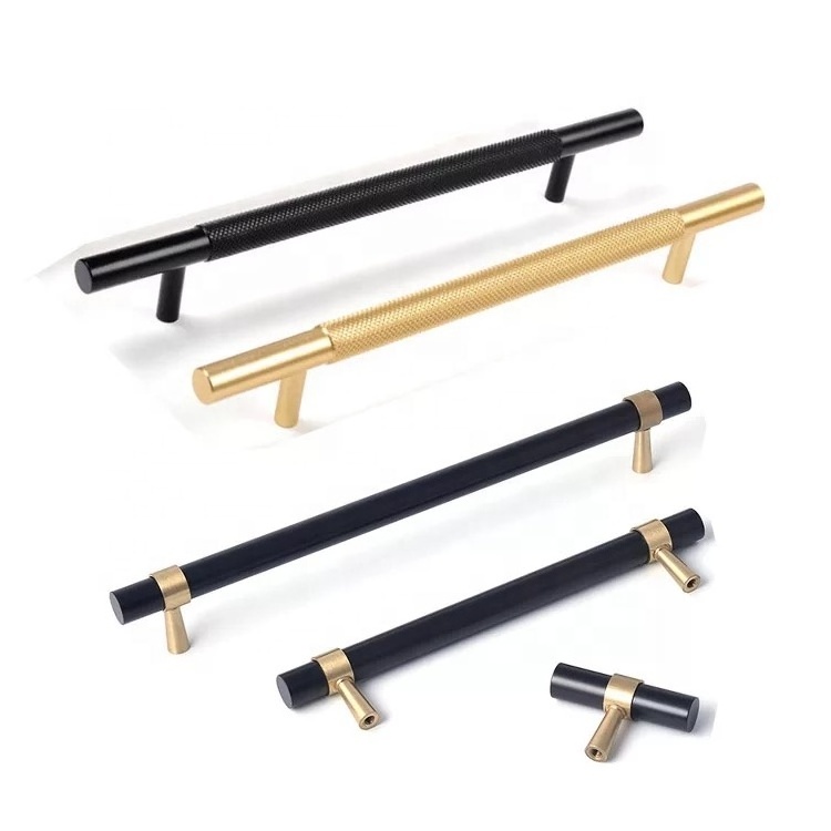 Brass Solid Gold & Black T Bar Cabinet Kitchen Door Cupboard Drawers Handle - BRASS GOLD HANDLE T BAR BASE XUBOO