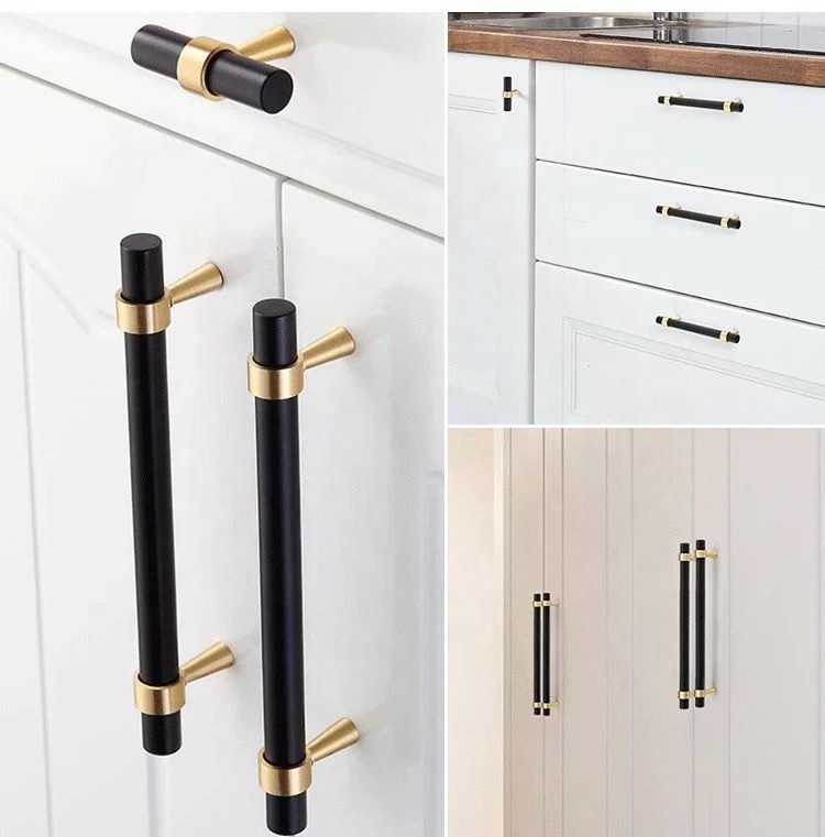 Brass Solid Gold & Black T Bar Cabinet Kitchen Door Cupboard Drawers Handle - BRASS GOLD HANDLE T BAR BASE XUBOO