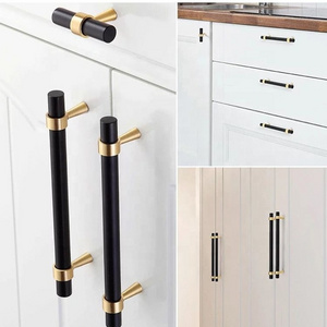 Brass Solid Gold & Black T Bar Cabinet Kitchen Door Cupboard Drawers Handle - BRASS GOLD HANDLE T BAR BASE XUBOO