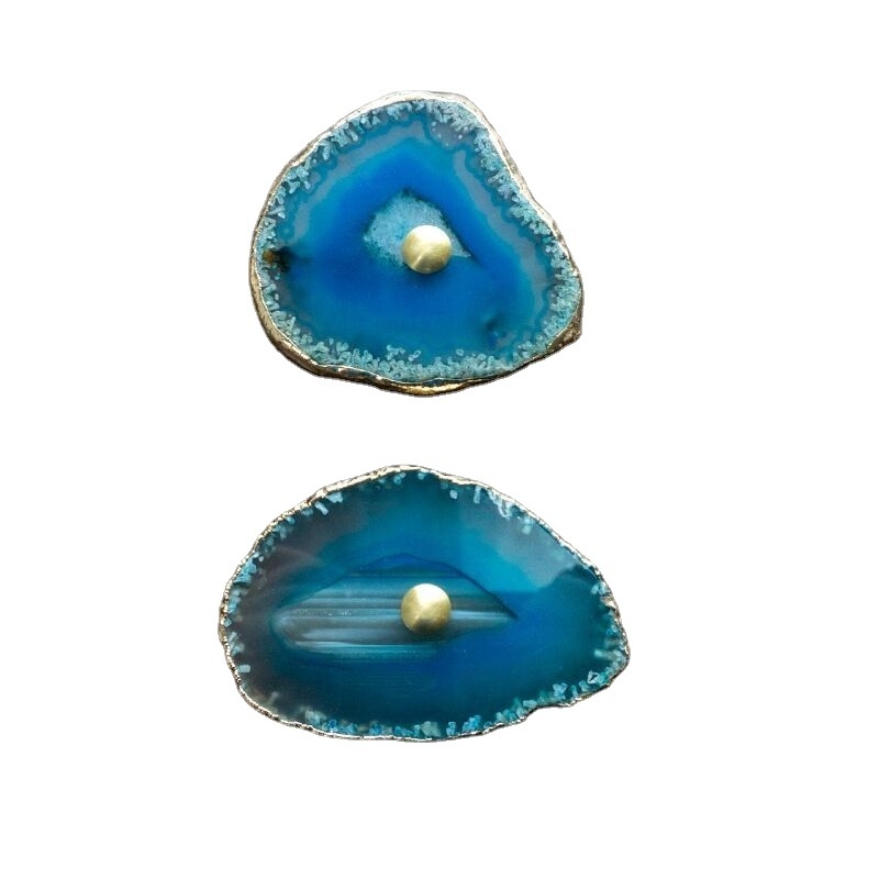 YZ1341 Bulk Agate Knob Gold Electro Plated | Blue Agate Stone Cabinet Pullups Knobs & Pulls