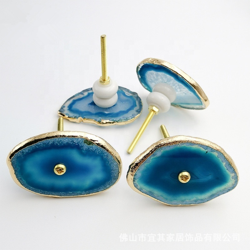 YIQI13-14 Bulk Agate Knob Gold Electro Plated | Blue Agate Stone Cabinet Pullups Knobs & Pulls