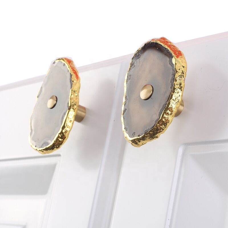 YZ1341 Bulk Agate Knob Gold Electro Plated | Blue Agate Stone Cabinet Pullups Knobs & Pulls