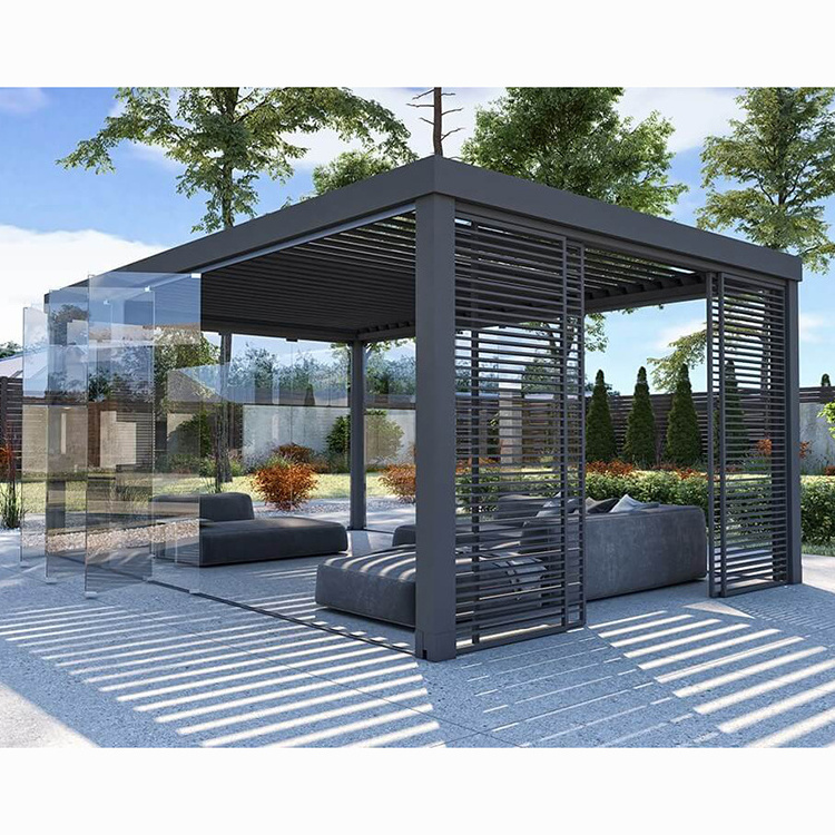 Patio Cover Roof Aluminum OEM Electric Pergola System Kits Terrace Gazebo Garden Aluminum Louver Roof Pergola with Curtain